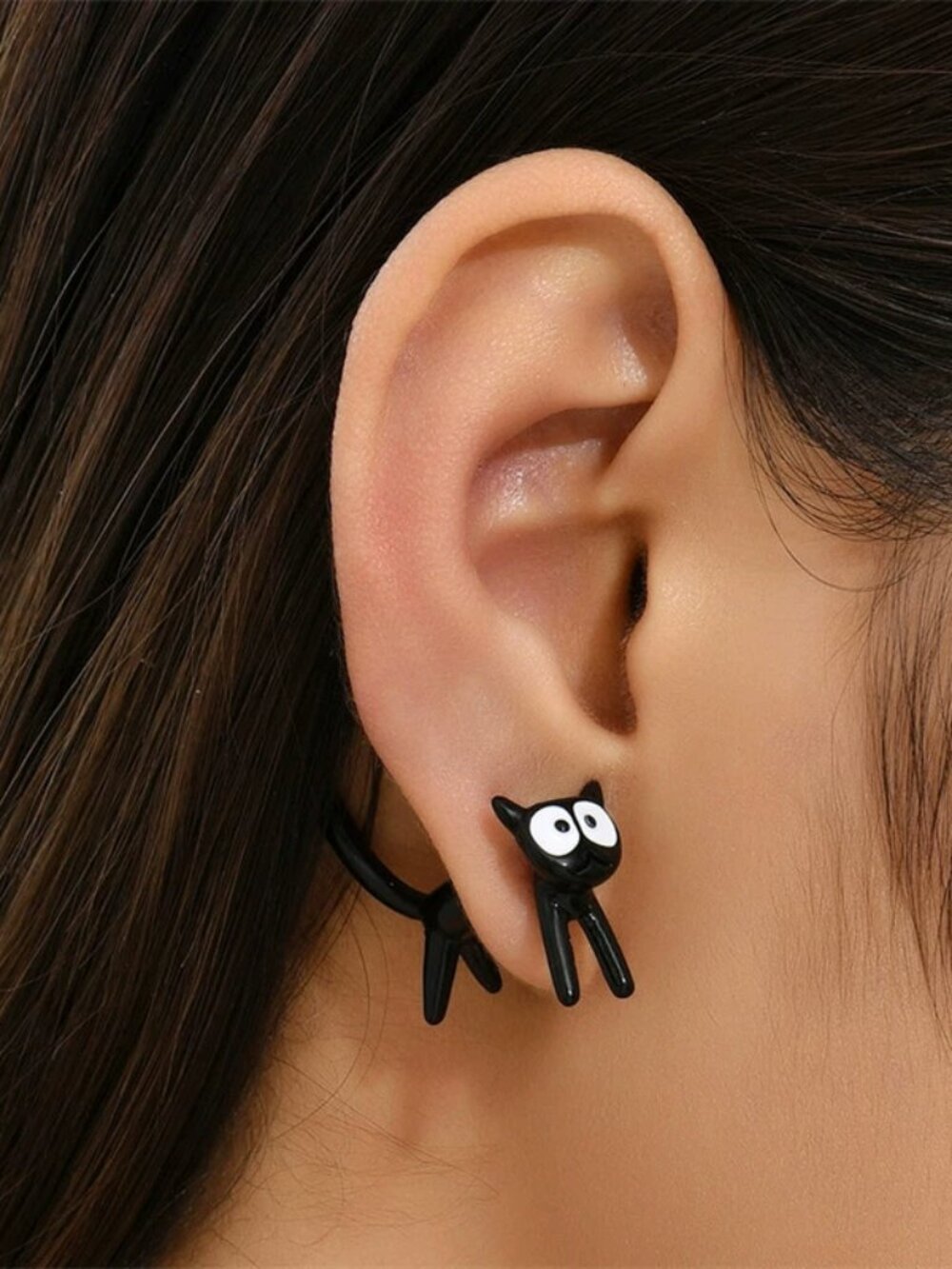 Quirky Black Cat Two-Part Earrings | Fun Cartoon Cat Studs for Women